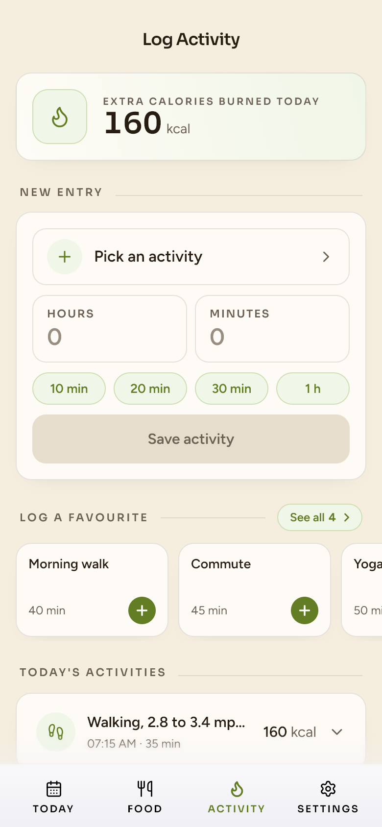 Healthy Habits Hub — the Activity tab: pick an activity, set the time, save the calories burned
