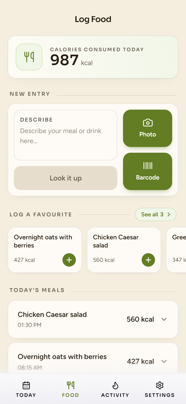 Healthy Habits Hub — the Food tab: log a meal by describing it, photographing it, or scanning a barcode