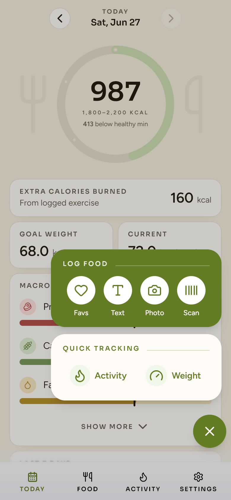 Healthy Habits Hub — the quick-add sheet from the dashboard's plus button: favourites, text, photo, scan, plus activity and weight