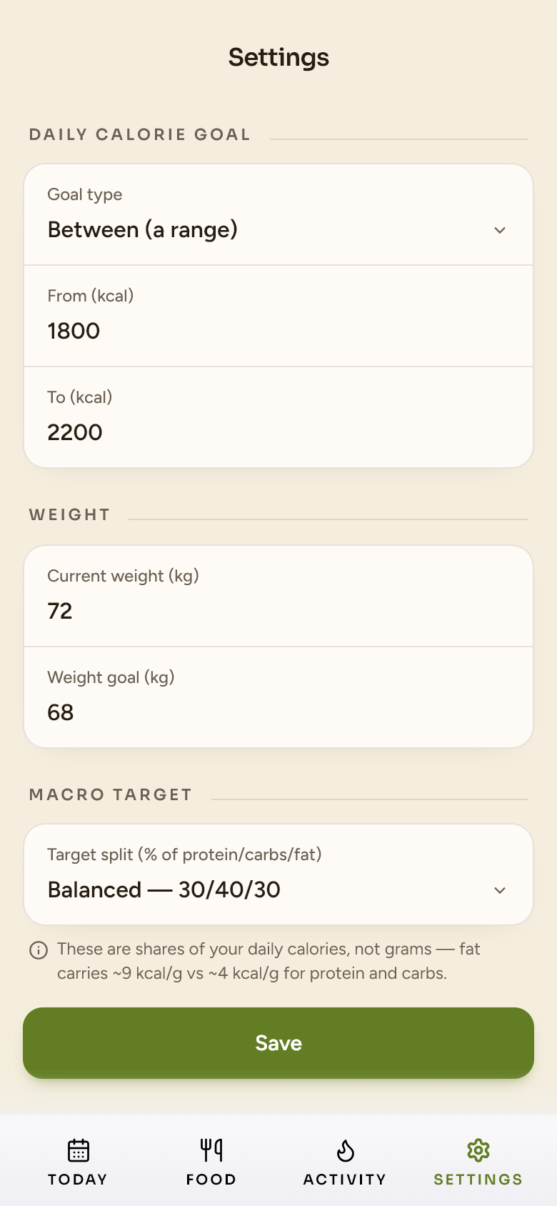 Healthy Habits Hub — the Settings tab: a daily calorie goal as a range (1800–2200 kcal), a weight goal, and a macro-split preset