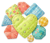 Patchwork brandmark: stitched fabric patches around a lime heart