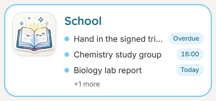 The School world card: its drawing, the next three items and their status chips
