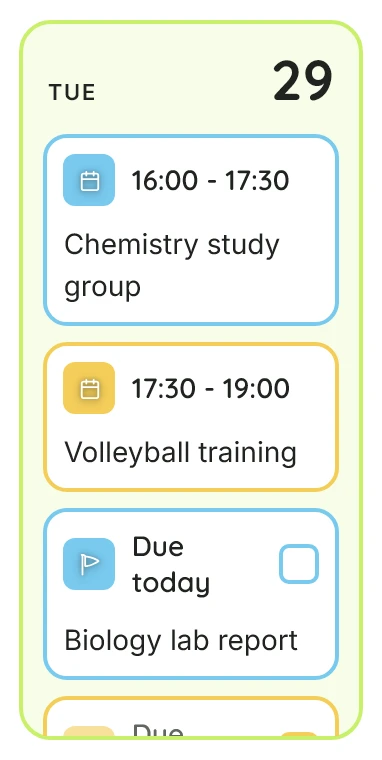 Today's column in the desktop week: lime outline, two event cards and a task with its checkbox