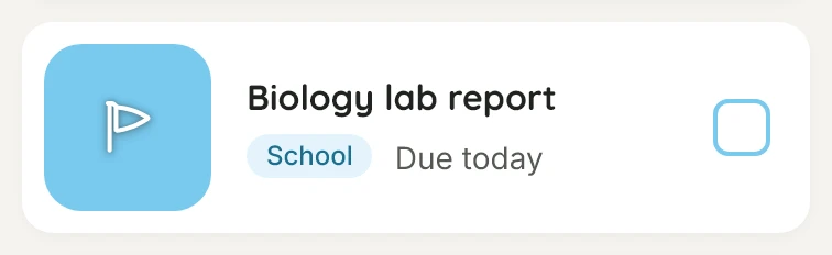 A task card: world icon tile, title, world pill, due today and an open checkbox