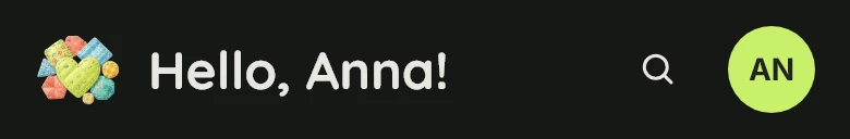 The phone header in dark mode: brandmark, greeting, search and avatar