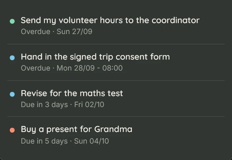The reminders list in dark mode: two overdue tasks stated plainly, two coming up