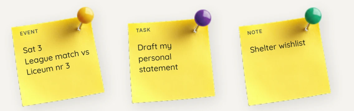 Three pinned sticky notes: an event, a task and a note