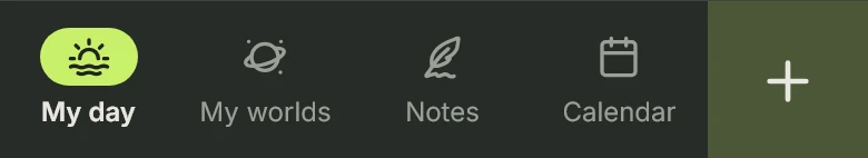 The phone tab bar in dark mode: My day, My worlds, Notes, Calendar and the add button