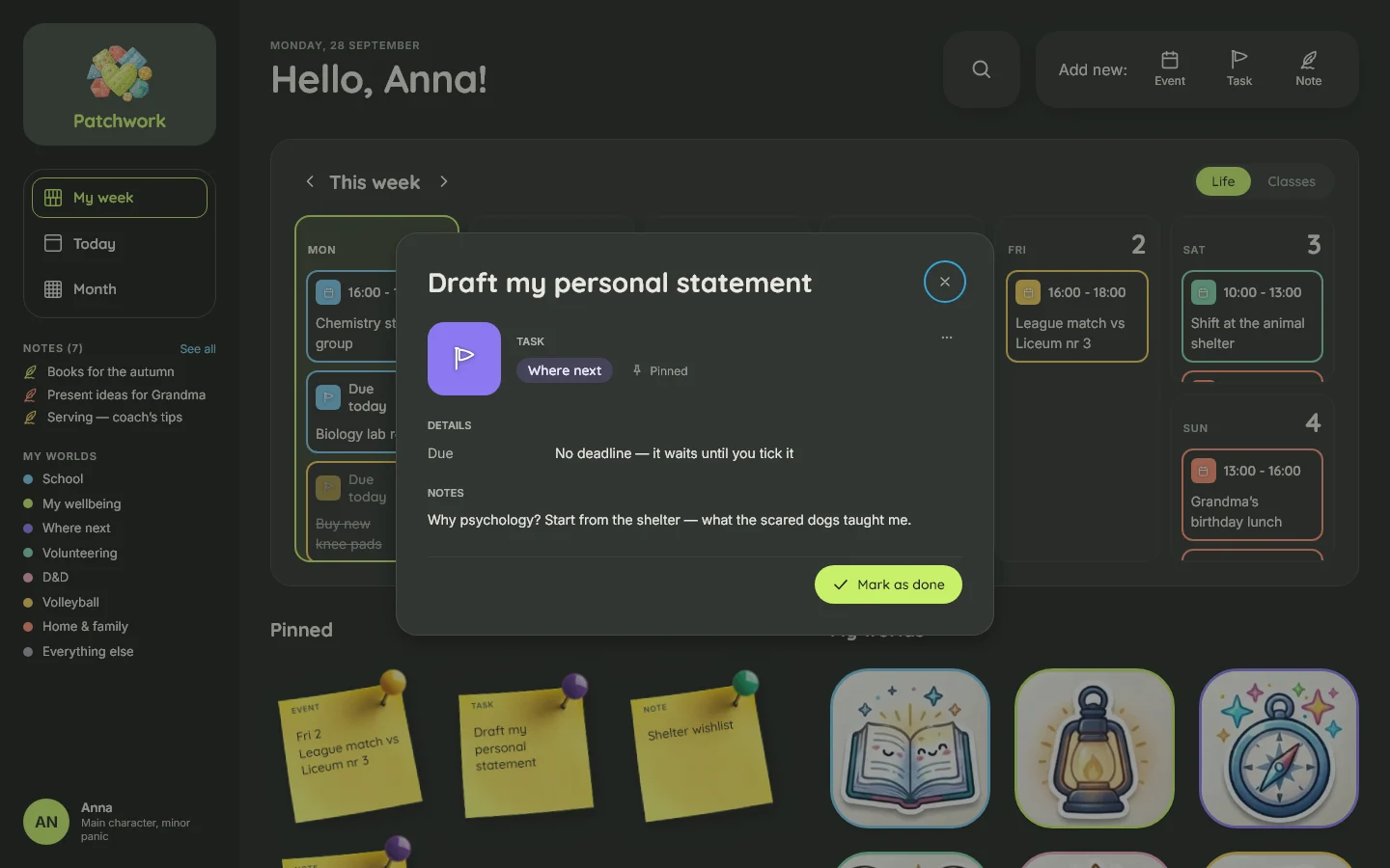 A task with no deadline on desktop in dark mode: 