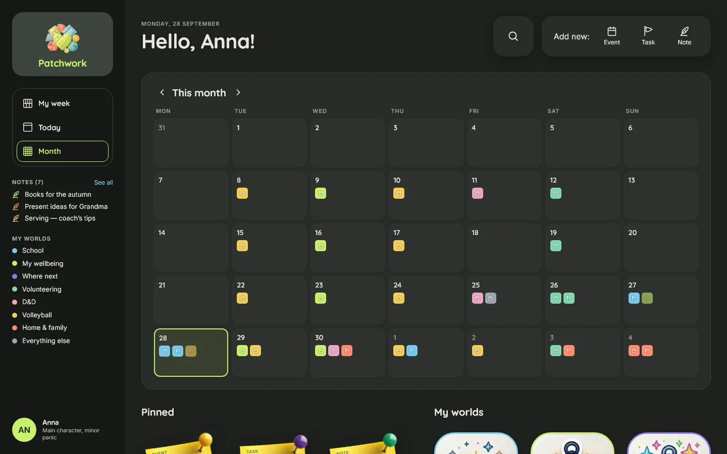 The month view on desktop in dark mode