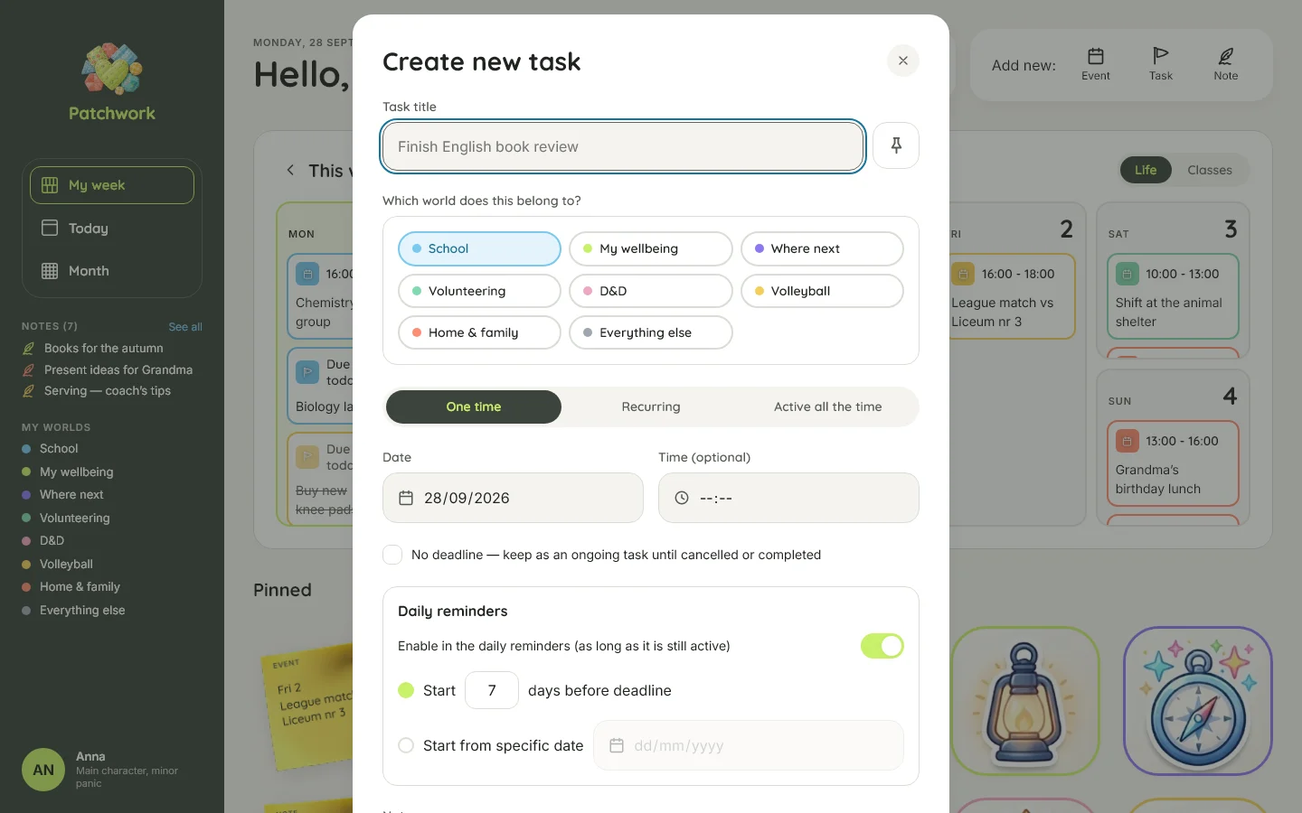 Creating a task on desktop in light mode: one time, recurring or active all the time, with optional daily reminders