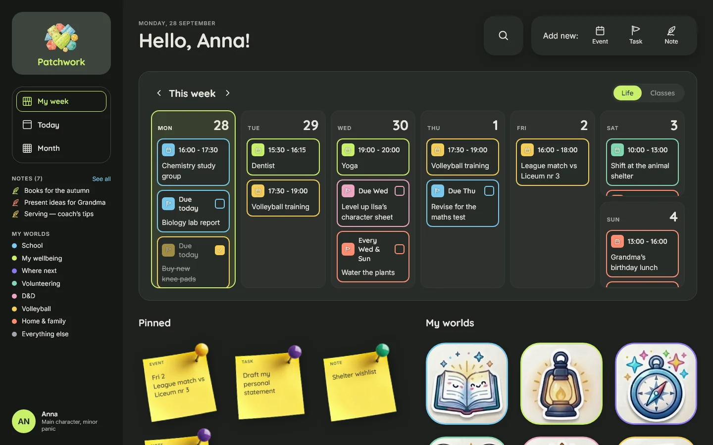 The desktop dashboard in dark mode