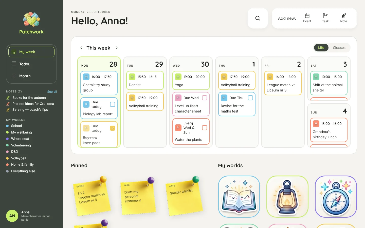 The desktop dashboard in light mode: the week at a glance, pinned items and her worlds