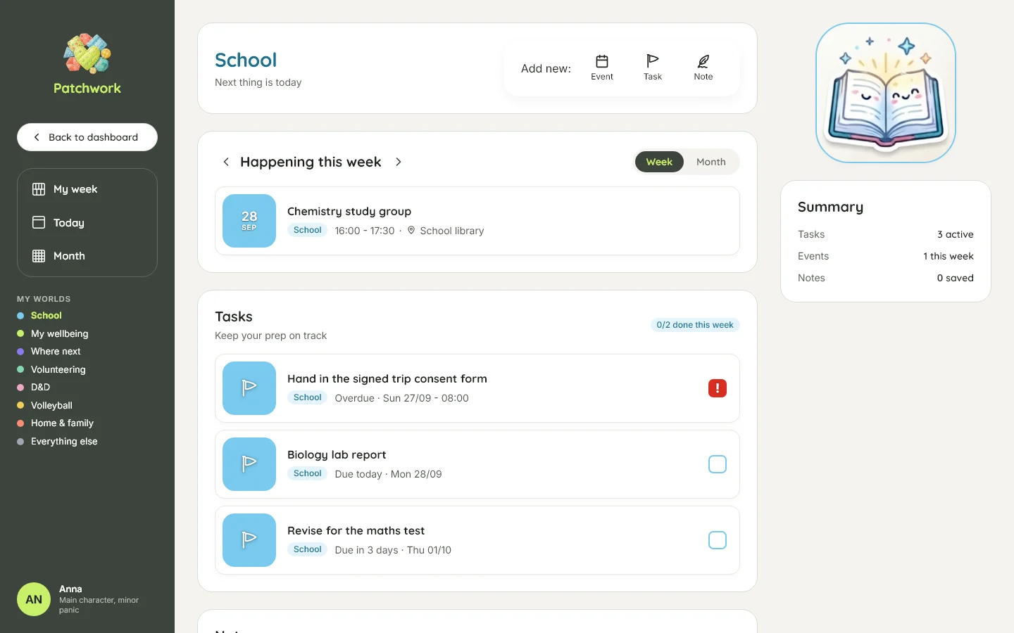 The School world on desktop in light mode: this week's events, its tasks and a summary