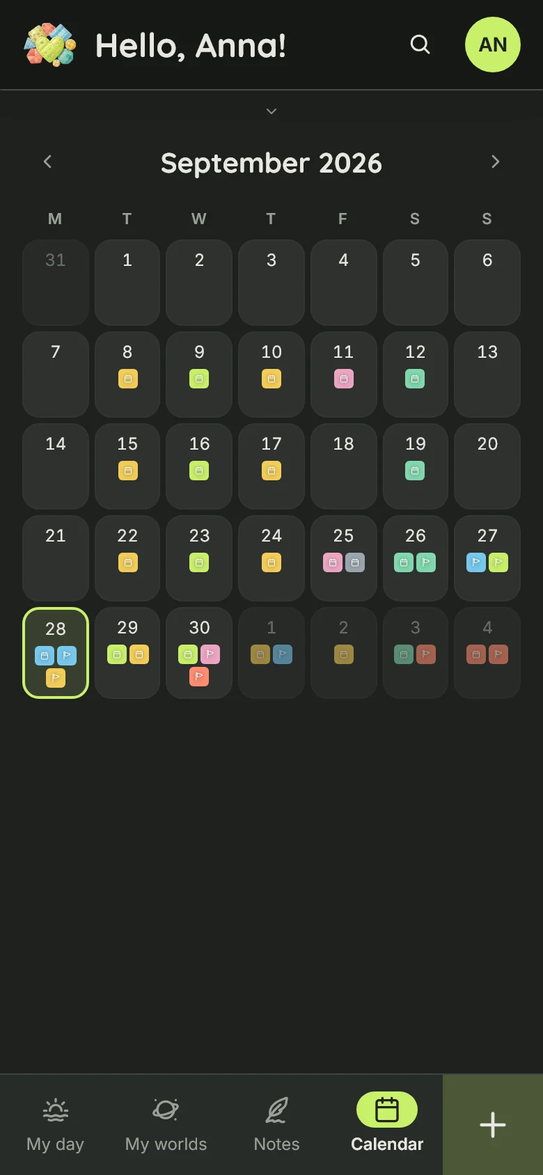 The month calendar on a phone in dark mode, each day marked with world-coloured items