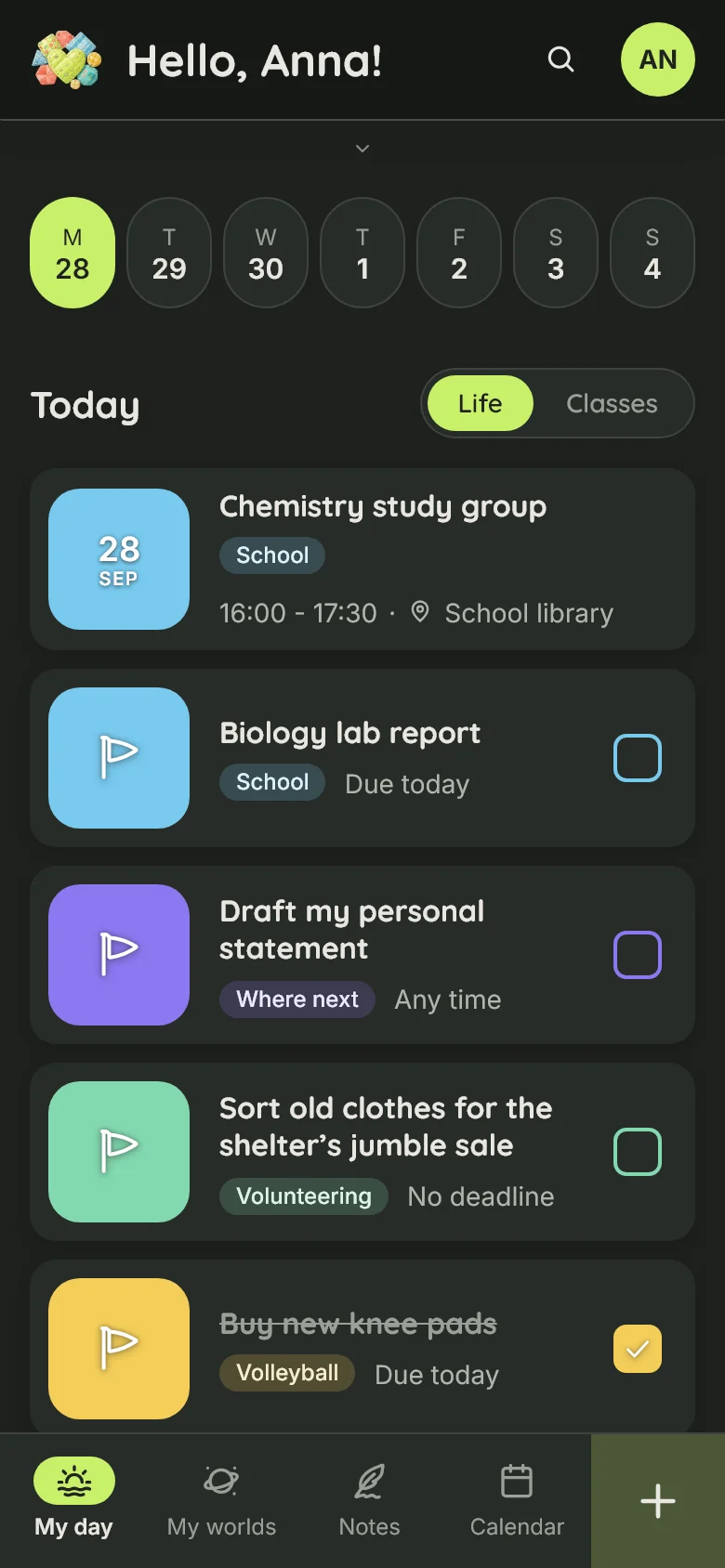 My day on a phone in dark mode, for the evening