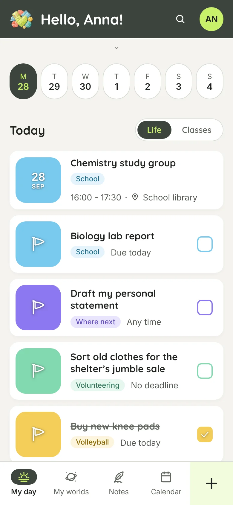 My day on a phone in light mode: the week strip and today's events and tasks