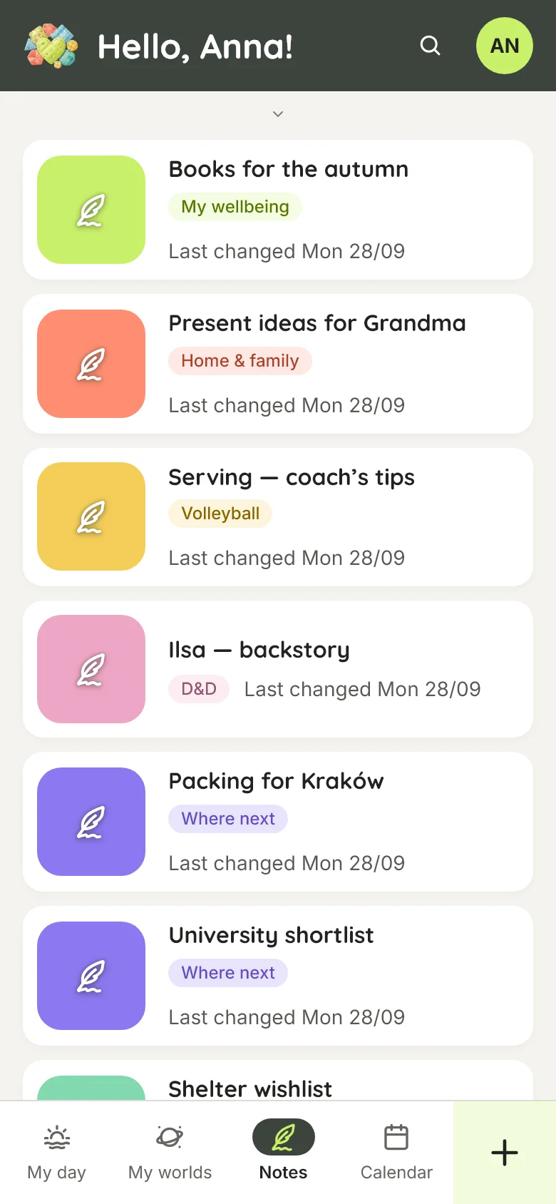 Notes on a phone in light mode, each coloured by the world it belongs to