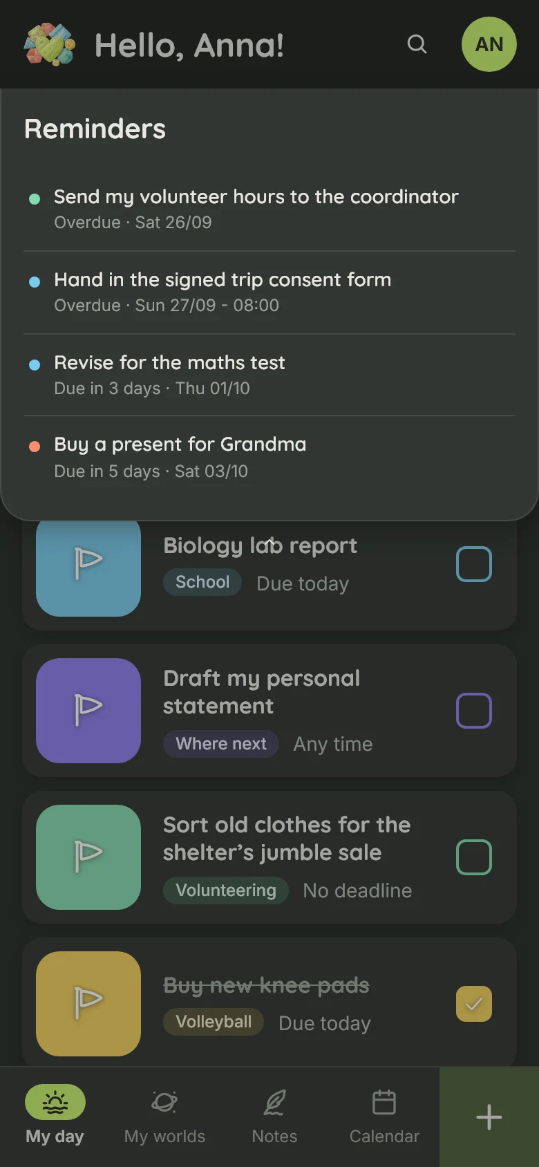 The reminders list on a phone in dark mode: two overdue tasks stated plainly, two coming up