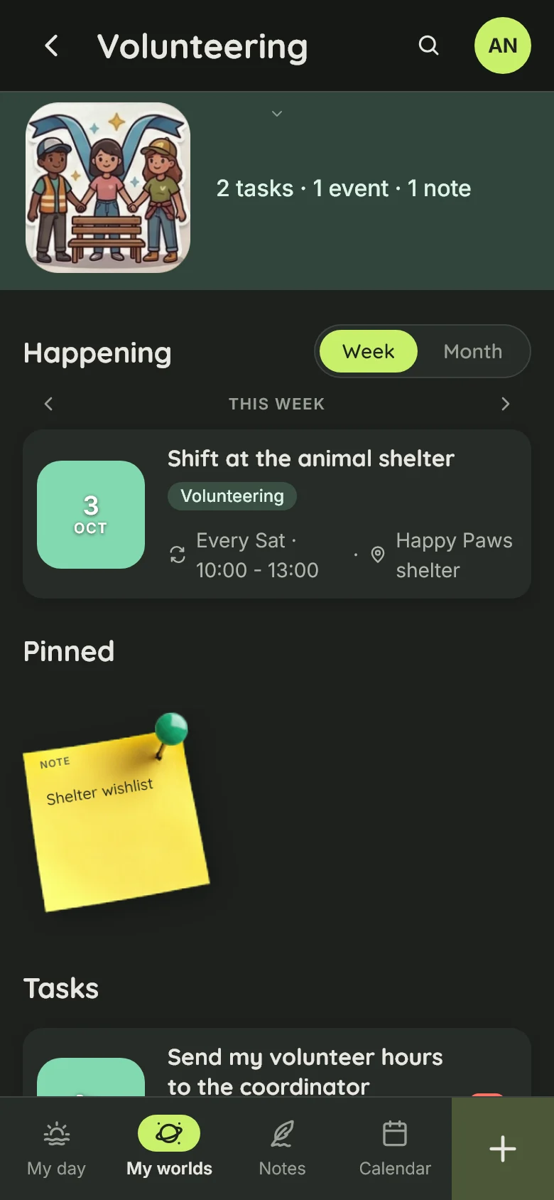 The Volunteering world on a phone in dark mode: its drawing, what is happening this week, a pinned note and its tasks
