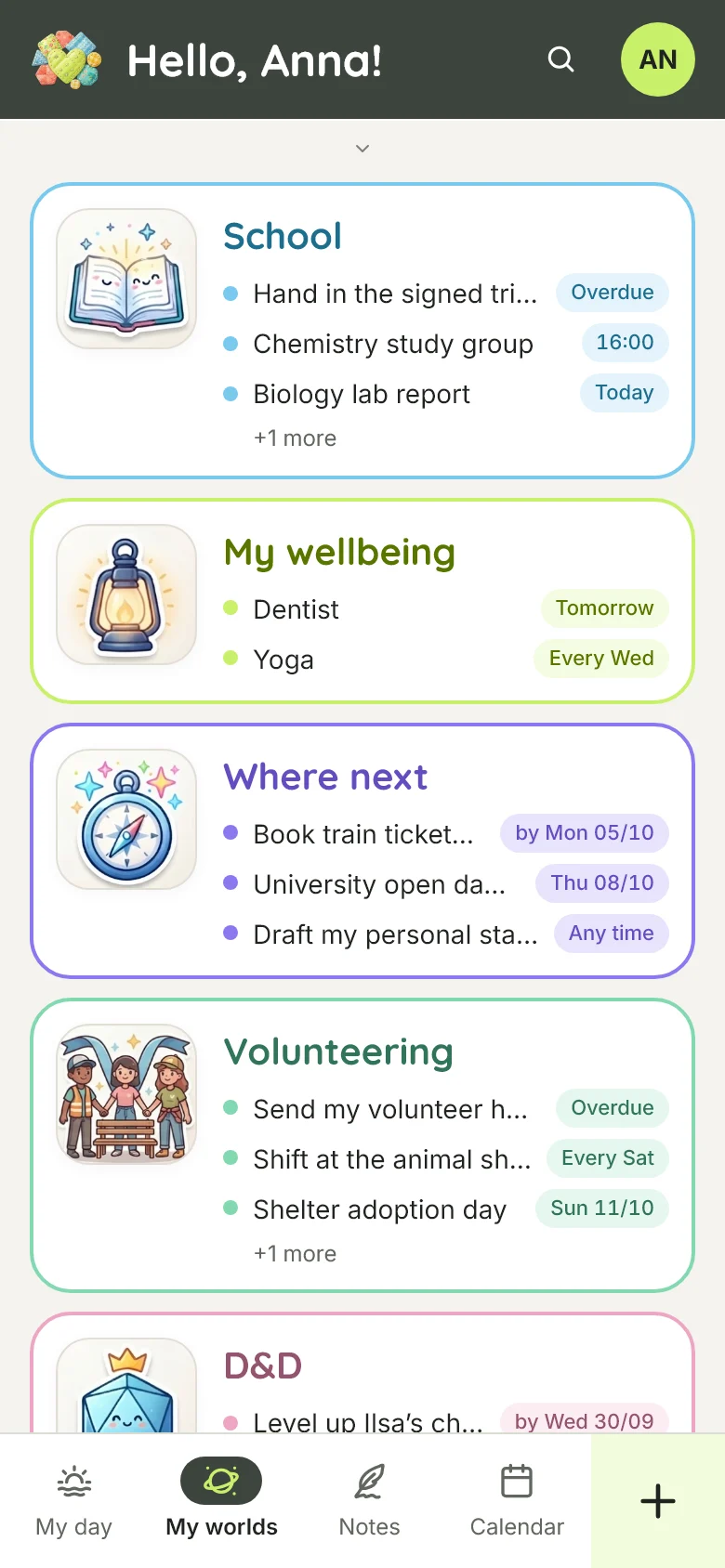 Patchwork on a phone, My worlds: School, My wellbeing, Where next and Volunteering, each with its own colour and drawing
