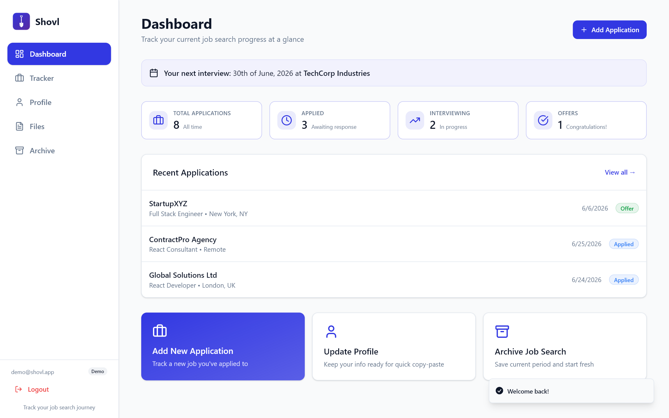 Shovl dashboard — application totals, next interview, recent applications and quick actions