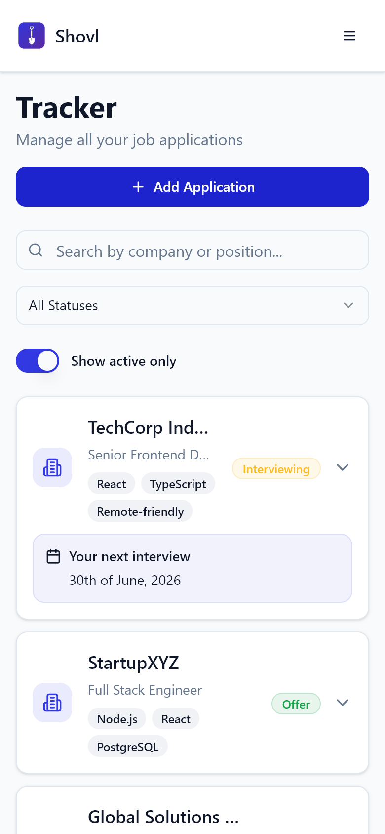 Shovl on mobile — the Tracker tab: search, a status filter, and application cards each showing their status