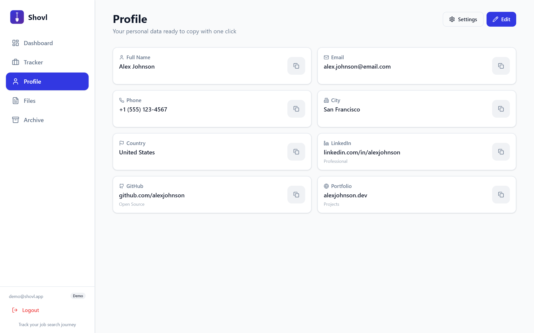 Shovl Profile — personal details (name, email, phone, city, links), each with a one-click copy button