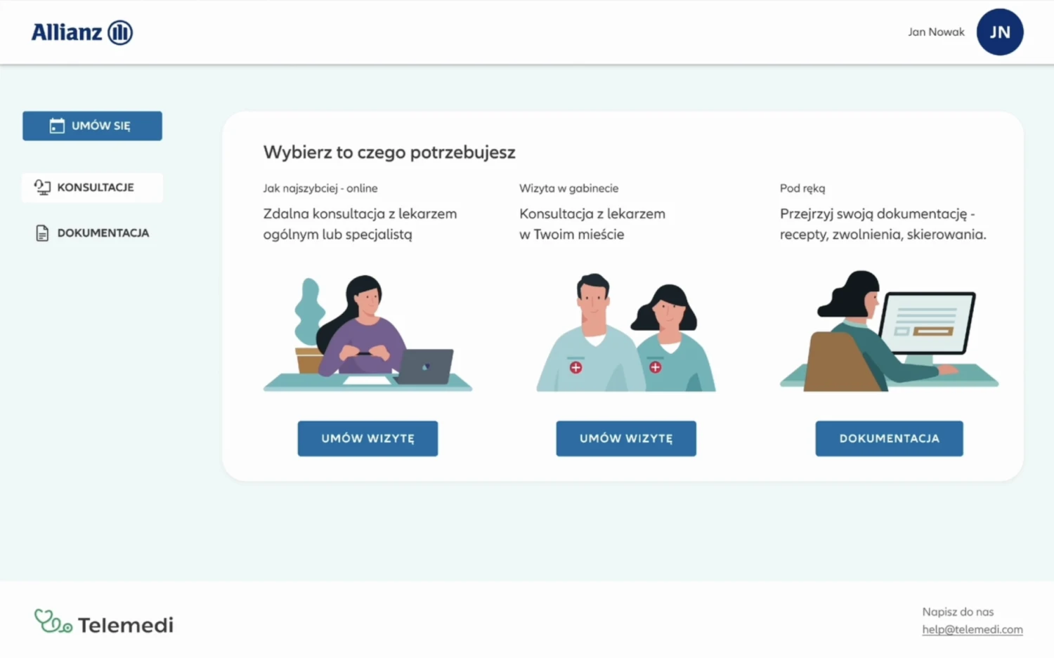 Allianz-branded telemedicine home screen (powered by Telemedi) — a left menu (book, consultations, documentation) and three service cards: online consultation, in-office visit, and medical documentation