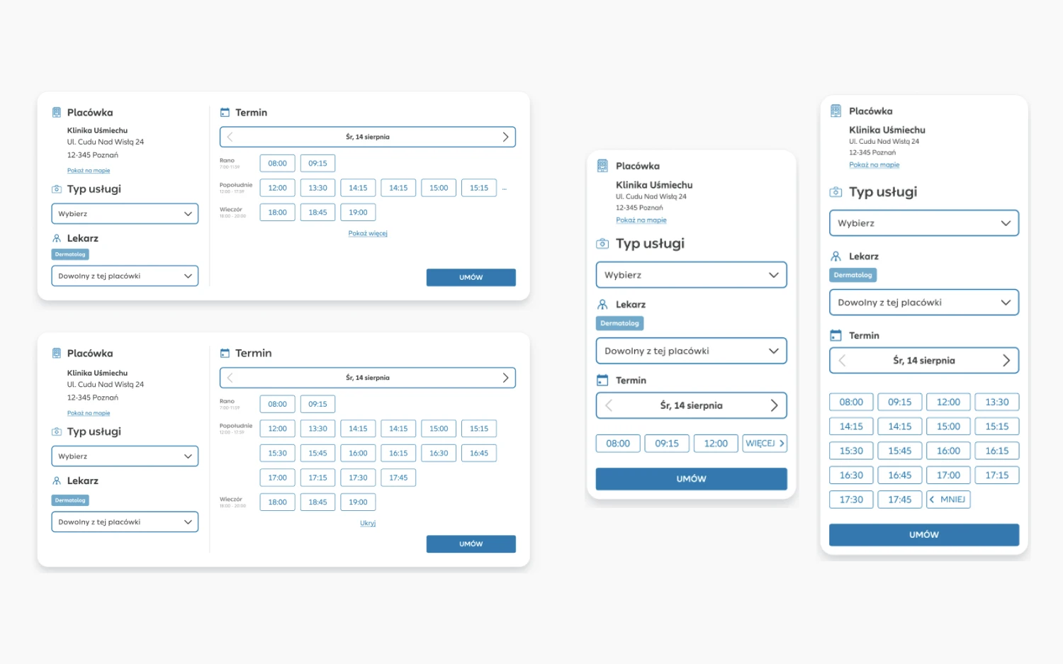 Allianz-branded appointment-booking tile in four variants — two wide desktop cards (collapsed and expanded time-slot grids) and two compact tiles — each with clinic, service-type and doctor selectors and a day's available slots