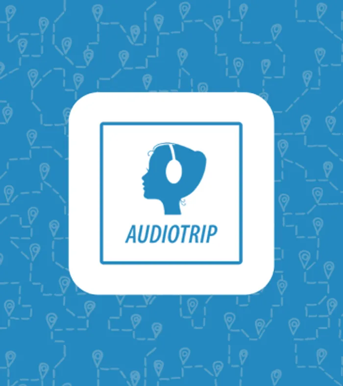The Audiotrip app icon on the brand's hand-drawn traveller-motif pattern