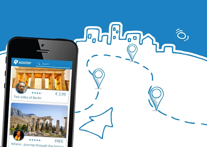 Audiotrip key visual — a phone showing the trip catalogue beside a hand-drawn city skyline and a dashed travel route