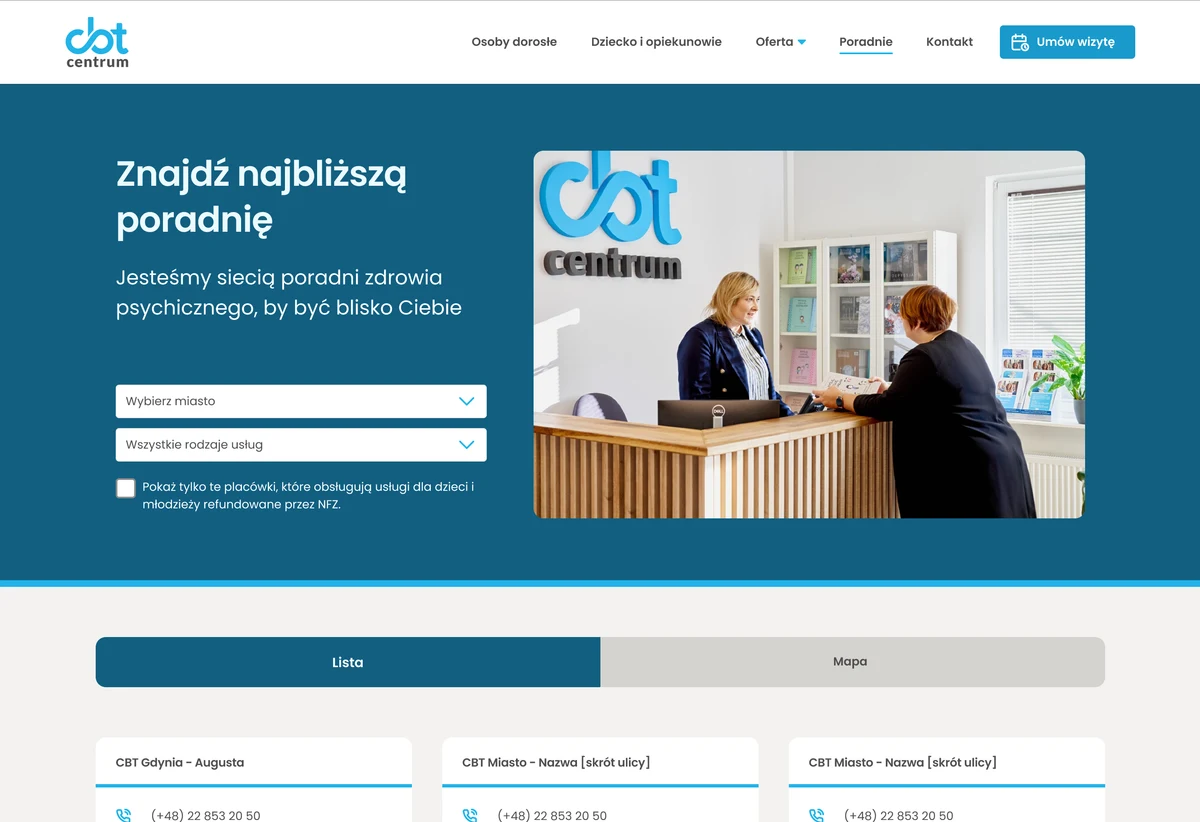 A CBT Centrum branch landing page — 'Find your nearest clinic', with city and service filters above a list of clinic locations