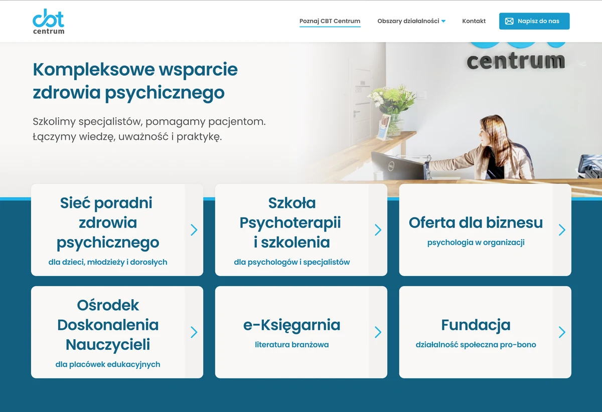 The CBT Centrum main page — a lean router hub: a short hero statement above six cards routing to clinics, professional training, business offers, teacher programmes, the bookshop and the foundation