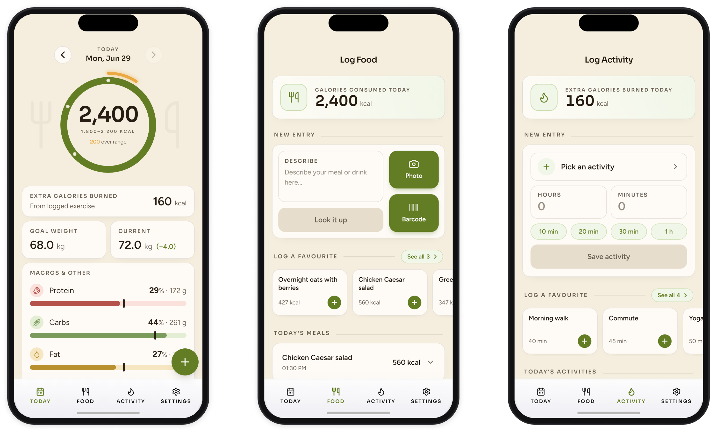 Healthy Habits Hub — dashboard, food log and activity log on mobile