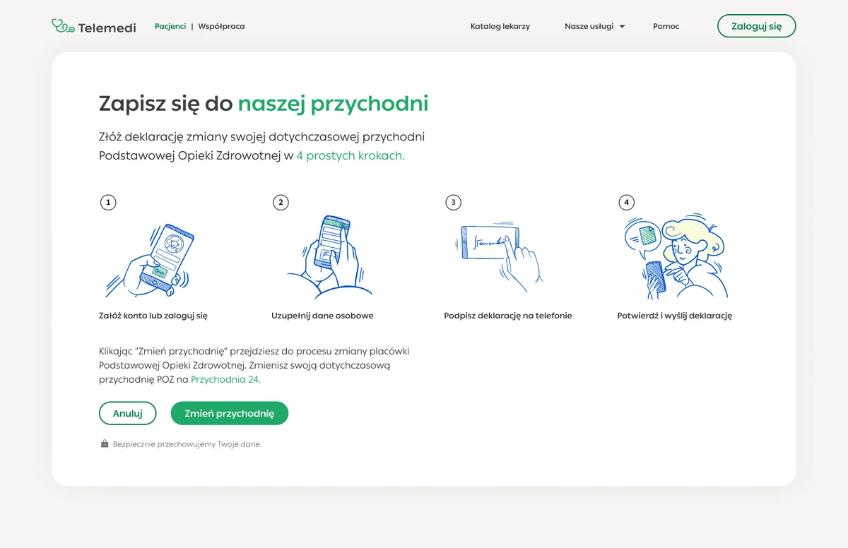 Telemedi NFZ info landing page — 'Zapisz się do naszej przychodni', with the site's real nav bar and friendly illustrations introducing the four-step online sign-up for free public primary care