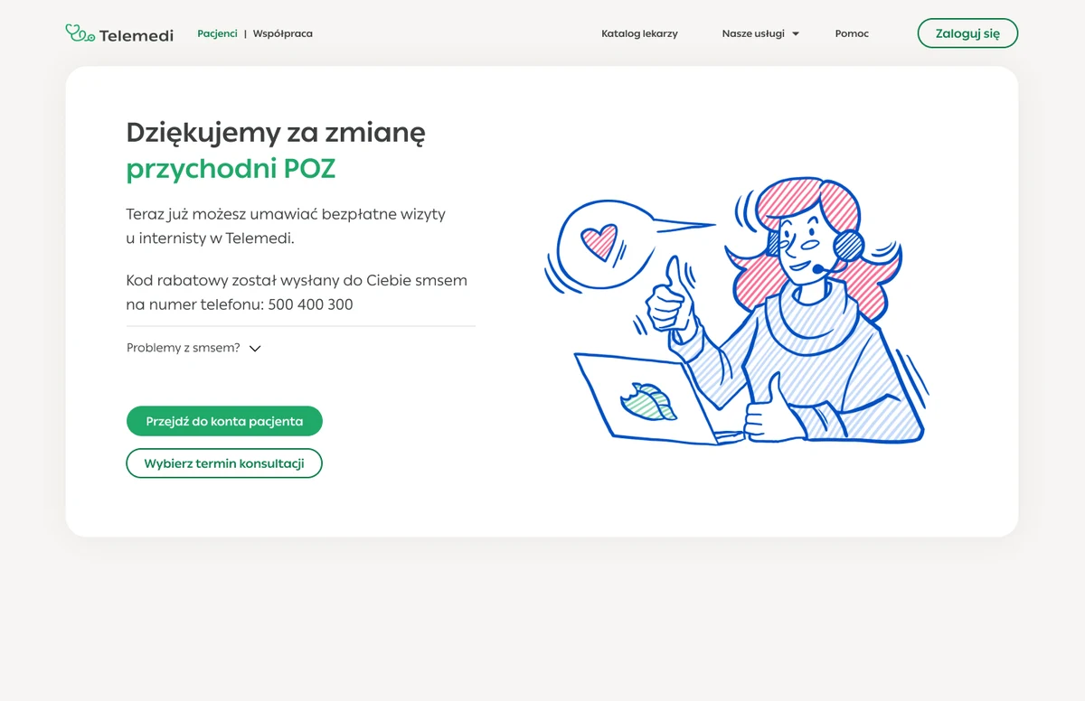 Telemedi NFZ enrollment confirmation — 'Dziękujemy za zmianę przychodni POZ', the thank-you screen shown after a patient completes the sign-up