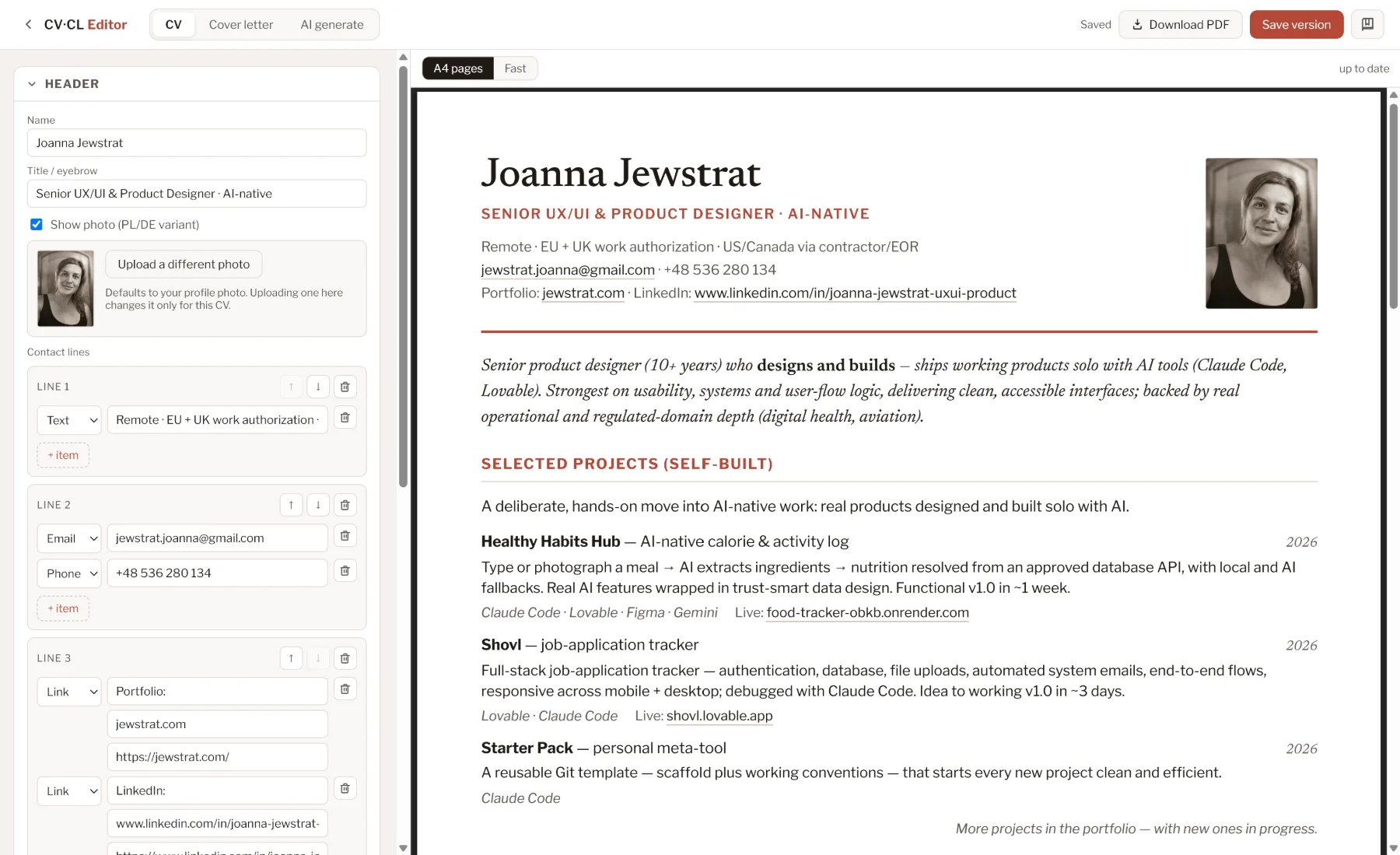 The CV and cover-letter editor, showing proposed edits for approval