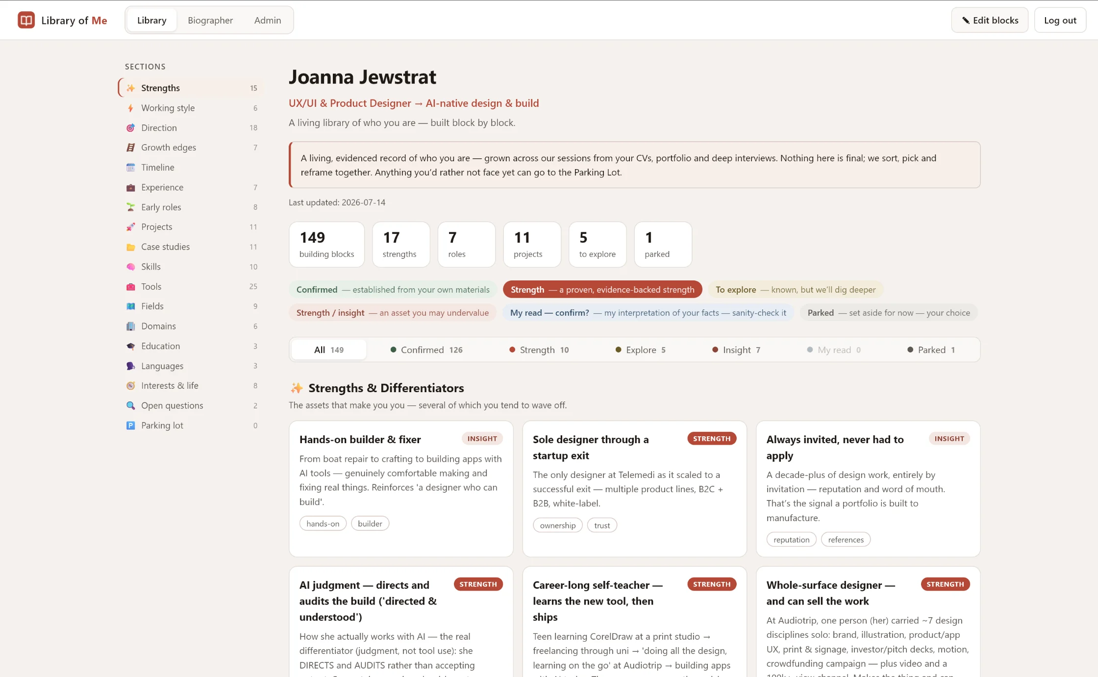 The Library: the viewer, biographer and admin tabs, a category rail, and 149 evidence blocks with status tags