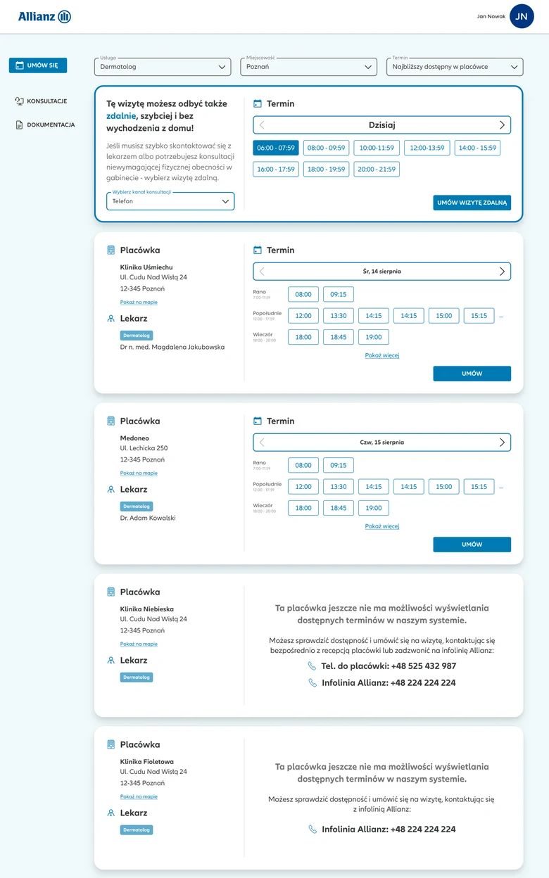 Allianz-branded booking page on desktop — a list of clinics and doctors, each with the day's available morning, afternoon and evening appointment slots.