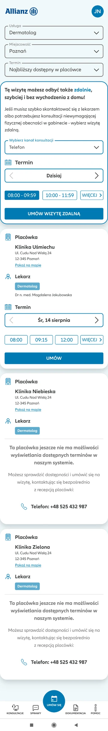 The same Allianz-branded booking flow on mobile — the full clinic-and-slots list with a bottom navigation bar.