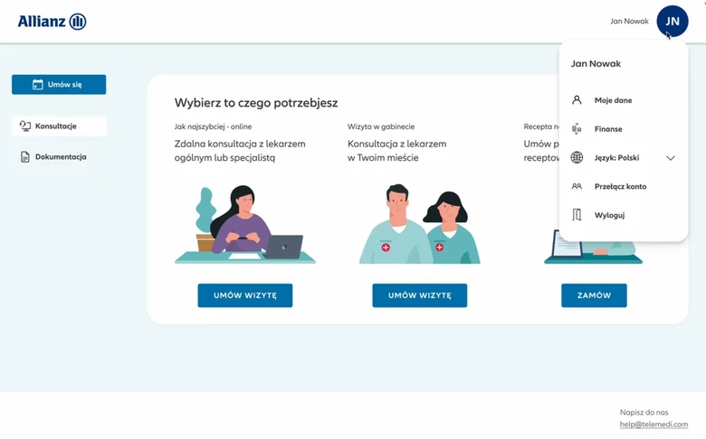 Allianz-branded patient home — 'choose what you need', with the account menu open (personal data, finances, switch account).