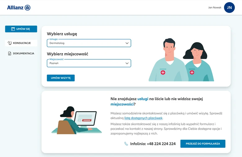 Allianz-branded online-doctor entry — choose a medical service and city, with a fallback panel for services not on the list.