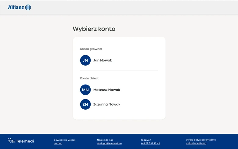 Allianz-branded account picker — the main account and children's accounts on the Telemedi-powered service.