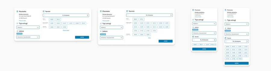 Allianz-branded booking-tile components — desktop and compact variants of the appointment tile, collapsed and with an expanded time-slot grid.