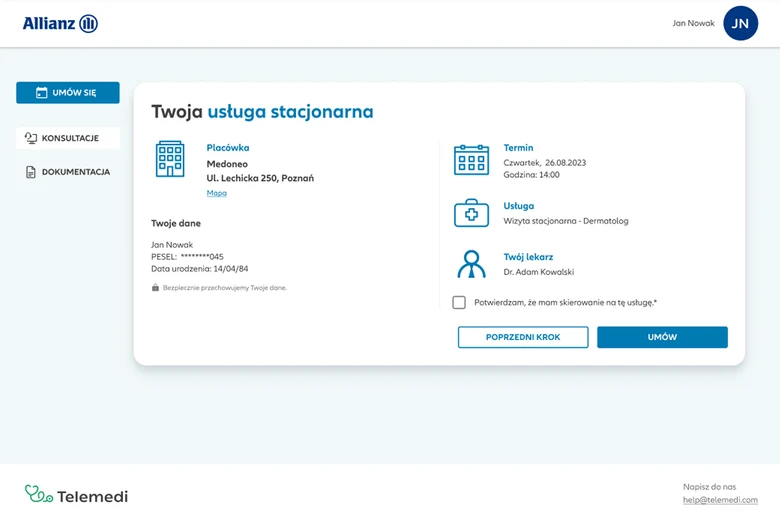 Allianz-branded appointment confirmation on desktop — clinic, date, service and doctor, with a consent checkbox before booking.