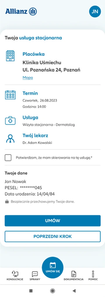 The Allianz-branded appointment confirmation on mobile — clinic, date, service and doctor, with the consent step.