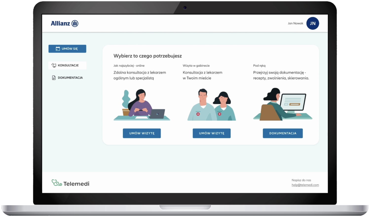 A laptop showing the Allianz-branded telemedicine home screen, ‘choose what you need’: an online consultation, an in-office visit, or medical documentation, with the Telemedi logo in the footer.