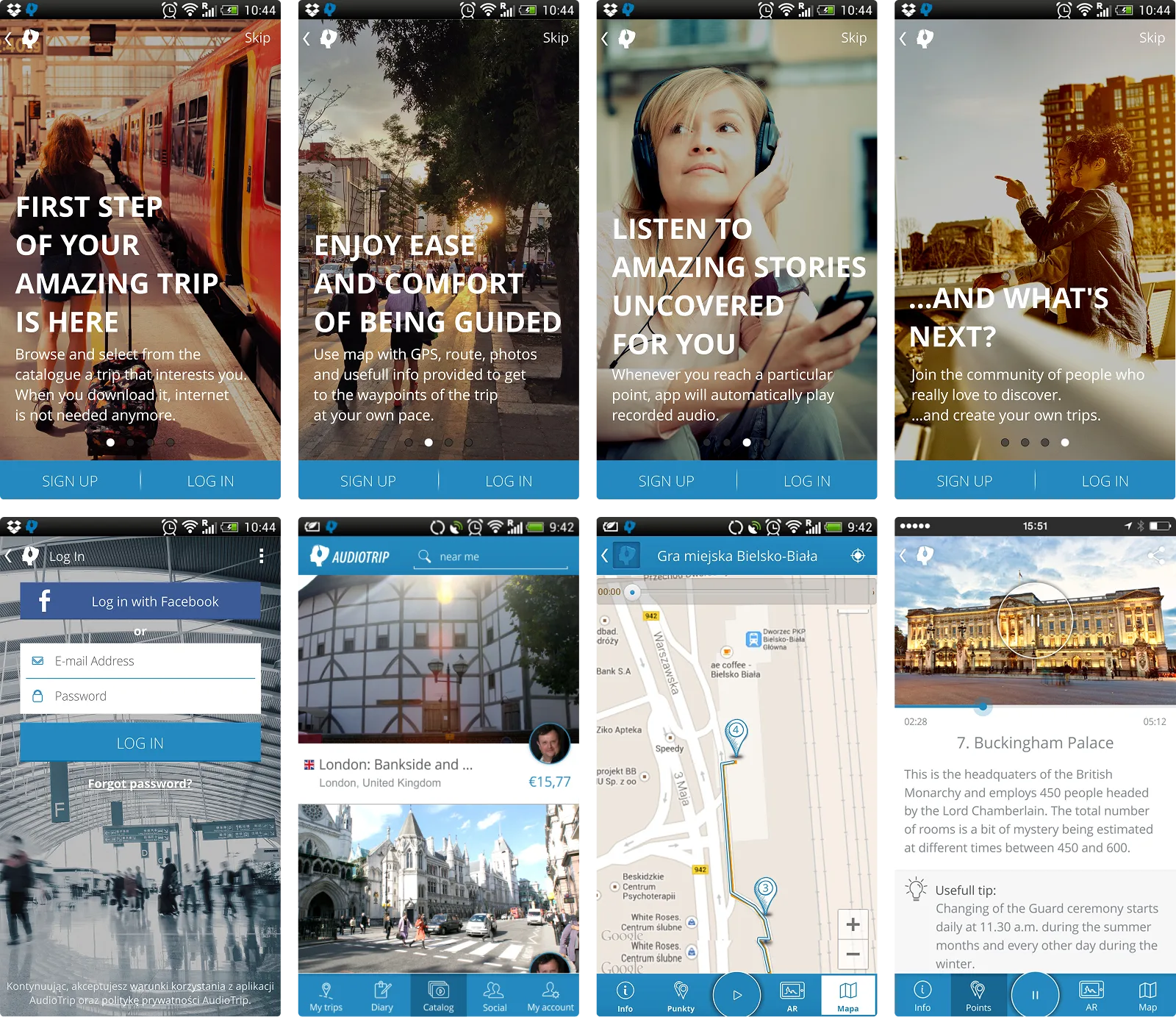 A spread of Audiotrip mobile-app screens: four onboarding screens, then the trip catalogue, a Facebook login, a city map with trips, an in-city audio map, and a venue detail with a photo and description.