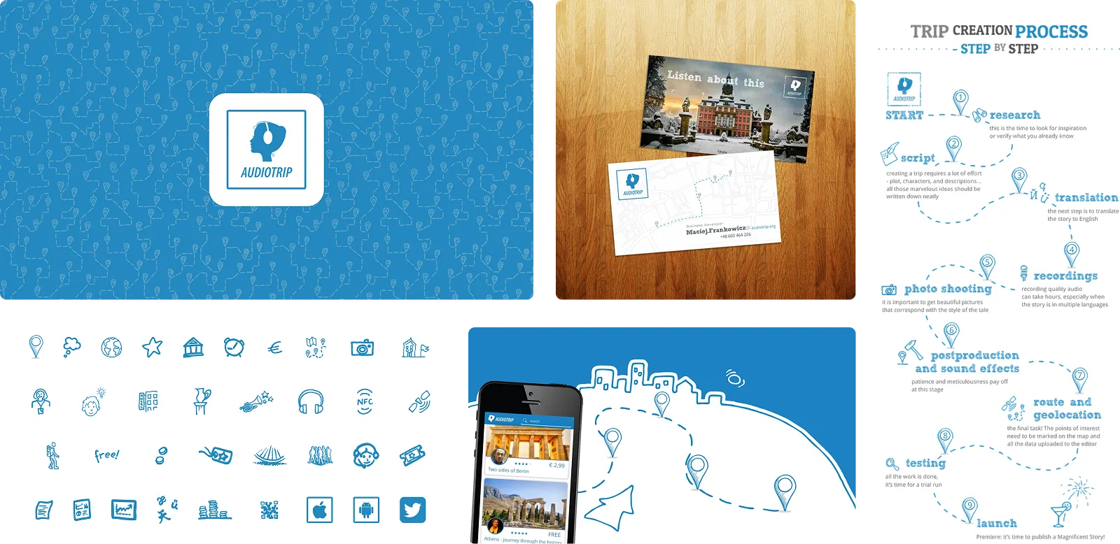 A spread of the Audiotrip brand system in brand blue: the logo and app icon on the traveller-motif pattern, a business card mockup, the full hand-drawn line-icon set, and a step-by-step 